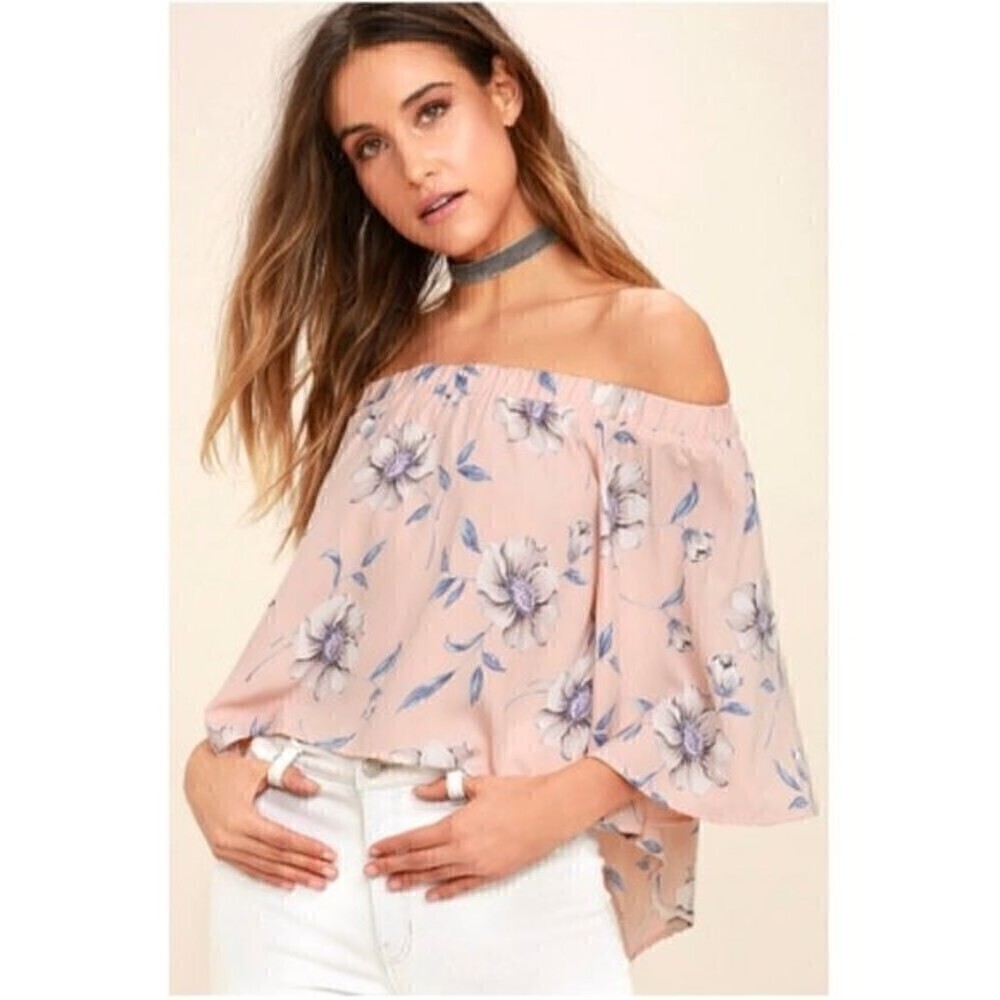 Lulus Light of Dawn Blush Pink Floral Print Off-The-Shoulder Cropped Top Size L